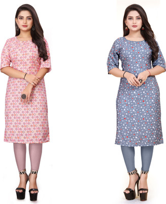 HARISH TEXTILE Women Printed Straight Kurta(Blue, Pink)