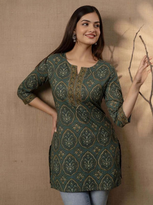 HouseOfCommon Women Printed Straight Kurta(Dark Green)