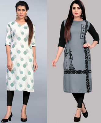 maruti fab Women Printed, Striped Straight Kurta(White, Pink)