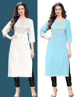 P17 Women Solid A-line Kurta(Blue, White)