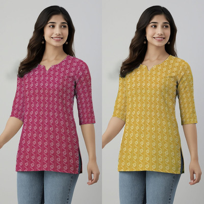 WhiteDoe Women Printed A-line Kurta(Yellow, Pink)