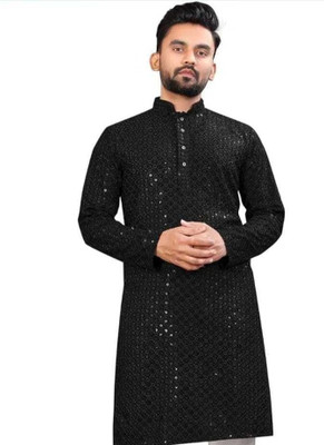 Vriha Enterprise Men Self Design Straight Kurta(Black)