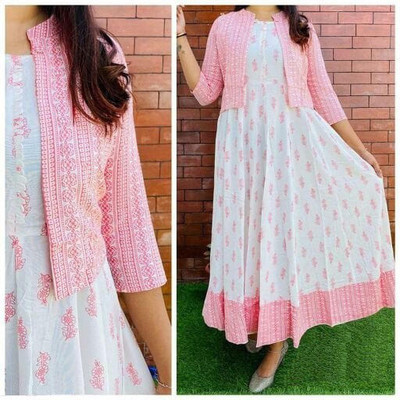 Discountking Women Geometric Print Anarkali Kurta(Pink)