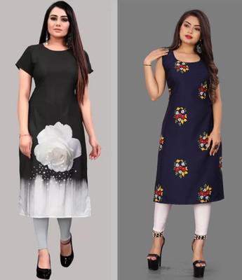 maruti fab Women Printed Straight Kurta(Grey, Dark Blue)