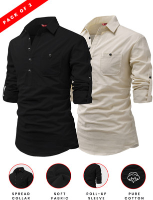 FireFish Men Solid A-line Kurta(Black, White)