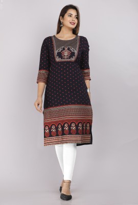 MM Women Printed Straight Kurta(Black)