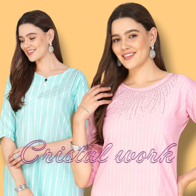 FABRICFETCH Women Striped Kurta(Green, Pink)