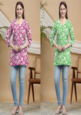 P17 Women Floral Print A-line Kurta(Maroon, Green)