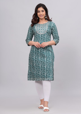 pankhuri international Women Printed Straight Kurta(White, Dark Green)