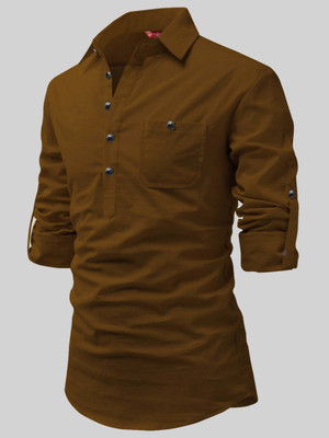 FireFish Men Solid A-line Kurta(Brown)