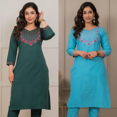 AUZAAI COLLECTION Women Embroidered Straight Kurta(Green, Blue)