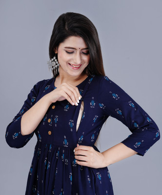 Janki Creation Women Solid Anarkali Kurta(Blue)
