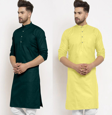 SEFRONI Men Solid Straight Kurta(Yellow, Dark Green)