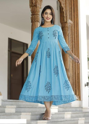 Ganesham Women Block Print Anarkali Kurta(Blue)