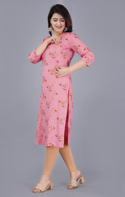 Fashion by MJ Women Floral Print Straight Kurta(Pink)