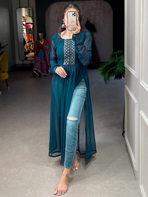 KRULRIN Women Ethnic Dress Green Above Knee/Mid Thigh Length Dress