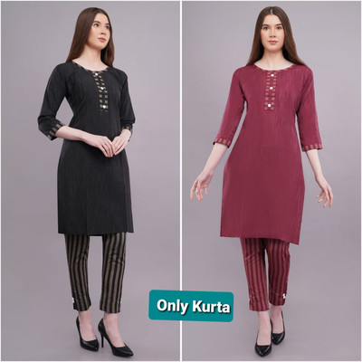 Women Self Design Kurta(Black, Maroon)