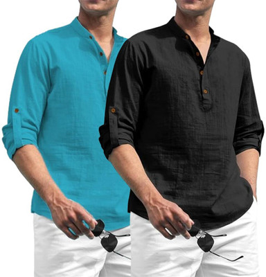 LENIA Men Solid A-line Kurta(Blue, Black)