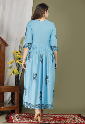 PRIYAGANI GARMENTS Women Block Print Anarkali Kurta(Light Blue)