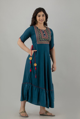 jaipurite Women Printed Anarkali Kurta(Blue)