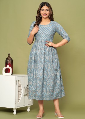 ADRTA Women Printed A-line Kurta(Light Blue)