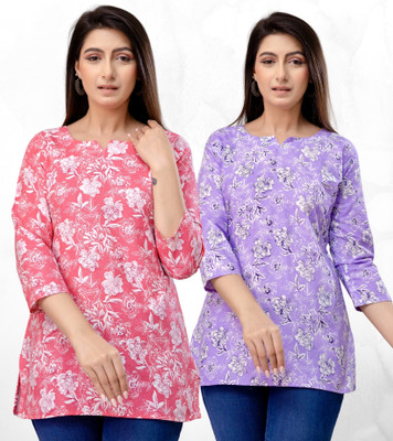 WULAMIA Women Floral Print A-line Kurta(Pink, Purple)