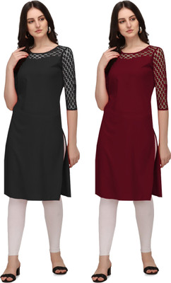 Maheshvi Women Solid Straight Kurta(Black, Maroon)