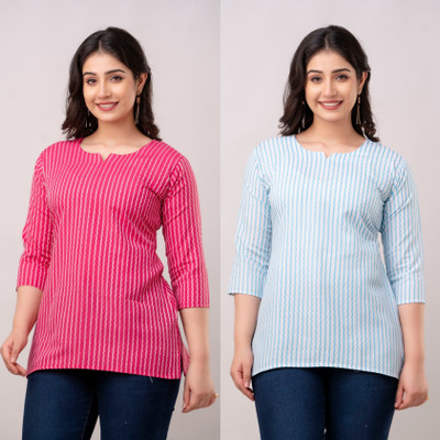 VROEGER Women Self Design Straight Kurta(Pink, Blue)