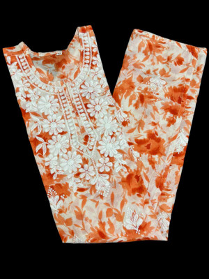 Shah Chikan Women Printed, Chikan Embroidery Straight Kurta(Orange)