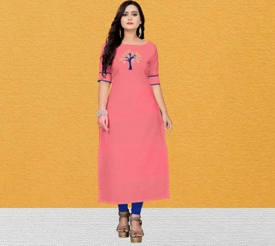 fentik.com Women Patchwork, Solid, Woven Design, Applique, Paisley, Self Design Straight Kurta(Pink, Blue)