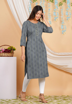Berlin Attire Women Striped Straight Kurta(Grey)