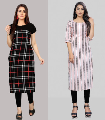 Hiral Creation Women Striped Straight Kurta(White)