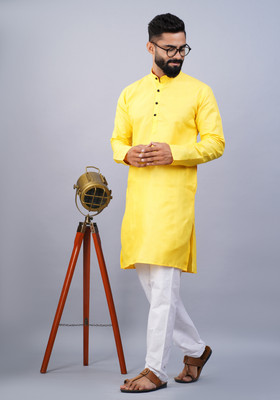 krishu Men Solid Straight Kurta(Yellow)