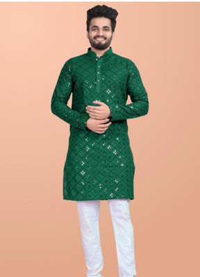 kingenterprise Men Self Design Straight Kurta(Dark Green)