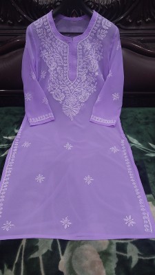 fayza collection Women Chikan Embroidery Straight Kurta(Purple)