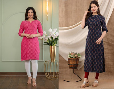 AOSLY Women Printed Straight Kurta(Dark Blue, Pink)