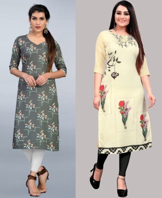 Hiral Creation Women Floral Print Straight Kurta(Grey, Beige)