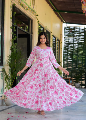 CHARVI CREATION Women Printed Anarkali Kurta(Pink)