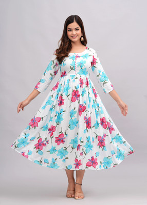 TANTANATAN Women Floral Print Anarkali Kurta(Light Blue)