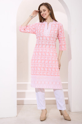 SC KURTIS Women Chikan Embroidery Straight Kurta(Pink)