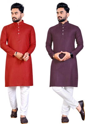 Krudha Men Woven Design Straight Kurta(Red, Purple)