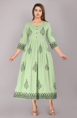 RAGINI ENTERPRISES Women Printed Anarkali Kurta(Black, Light Green)