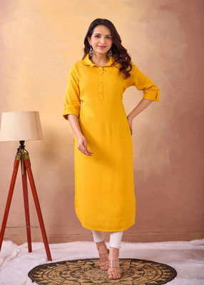 NEEYAMI Women Solid Straight Kurta(Yellow)