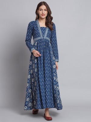 VBUYZ Women Floral Print Anarkali Kurta(Blue, Grey)