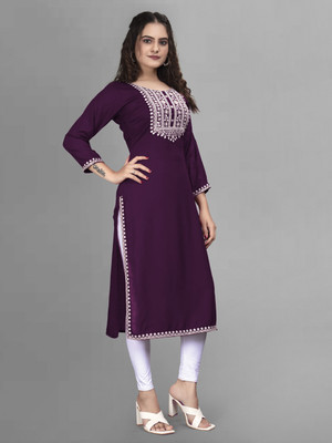 RANGRAIL Women Embroidered A-line Kurta(Purple)