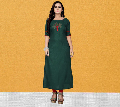 fentik.com Women Patchwork, Solid, Woven Design, Applique, Paisley, Self Design Straight Kurta(Green)