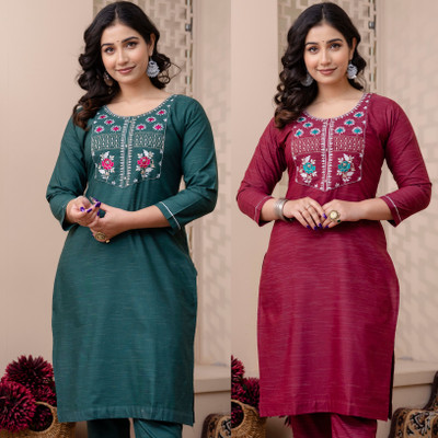 Auzaai Collection Women Embroidered Kurta(Multicolor)