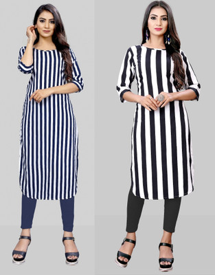 Modli 20 Fashion Women Striped Straight Kurta(White, Black, Dark Blue)