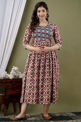 UrbanRang Women Printed Anarkali Kurta(Beige, Blue)