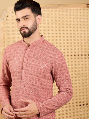 Ethnic Bay Men Embroidered Straight Kurta(Brown)